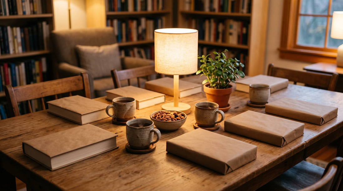 Empty book club table with paper-wrapped books, mugs, snacks, and warm lamplight