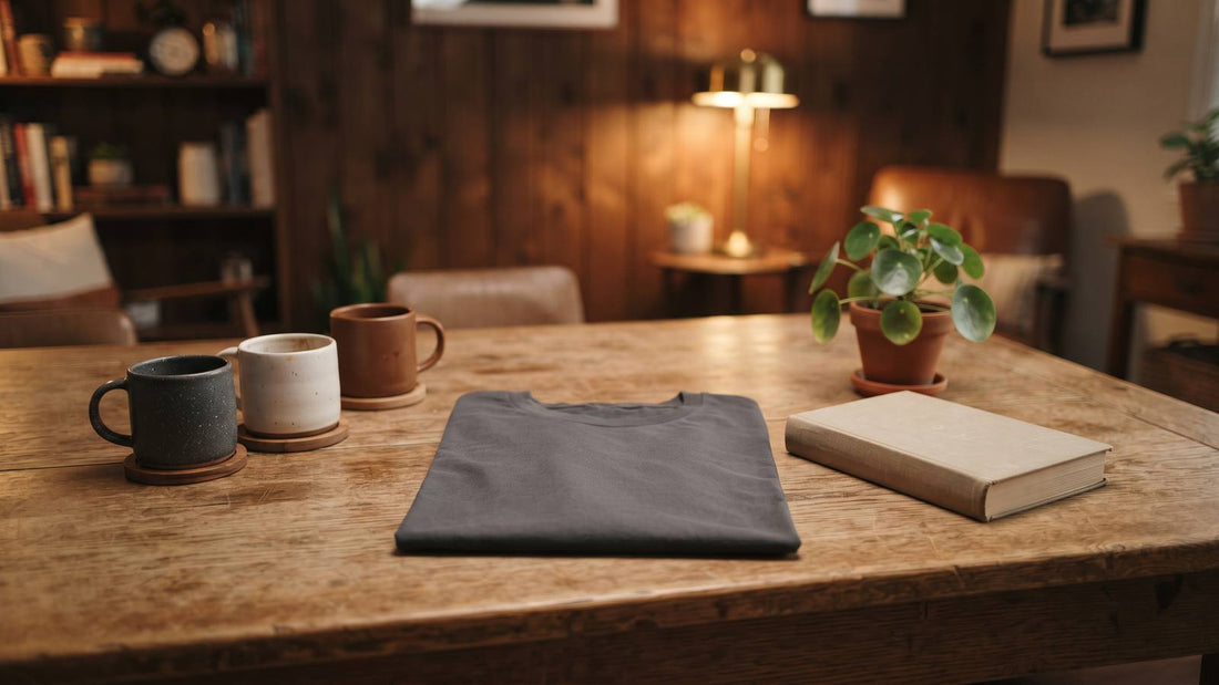 Empty book club table with plain mugs, folded shirt, and blank closed book