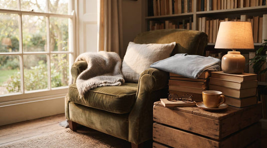 Cozy green reading chair with folded tee, stacked books, lamp, and reading glasses