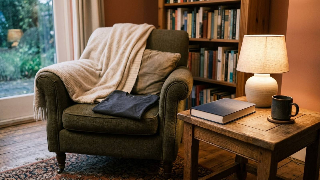 Empty green reading chair with a folded dark tee, blank book, mug, and lamp in a warm reading corner