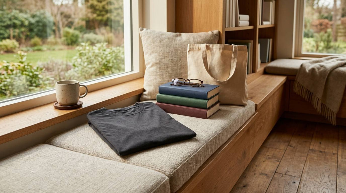 Folded charcoal tee, blank books, canvas tote, glasses, and coffee in a window reading nook