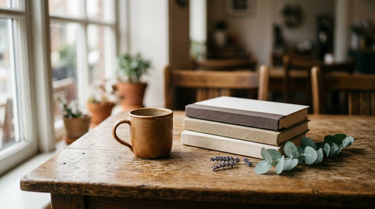 Ceramic coffee mug beside blank-spined books and greenery on a wooden cafe table