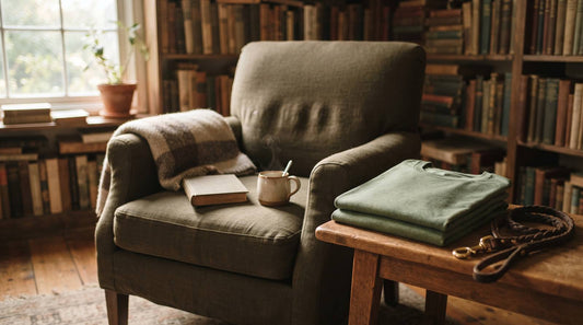 Empty reading chair with a folded green tee, closed book, mug, and dog leash