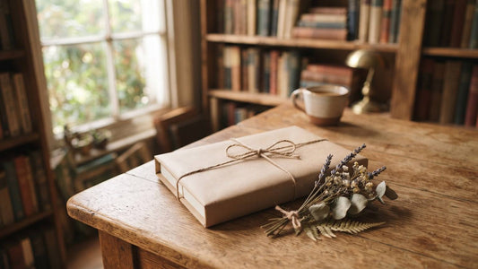 Wrapped book with dried flowers on a wooden table in a sunlit library