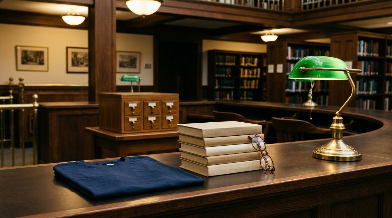 Quiet library circulation desk with folded navy shirt, blank books, glasses, card drawer, and green lamps