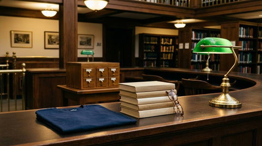 Quiet library circulation desk with folded navy shirt, blank books, glasses, card drawer, and green lamps