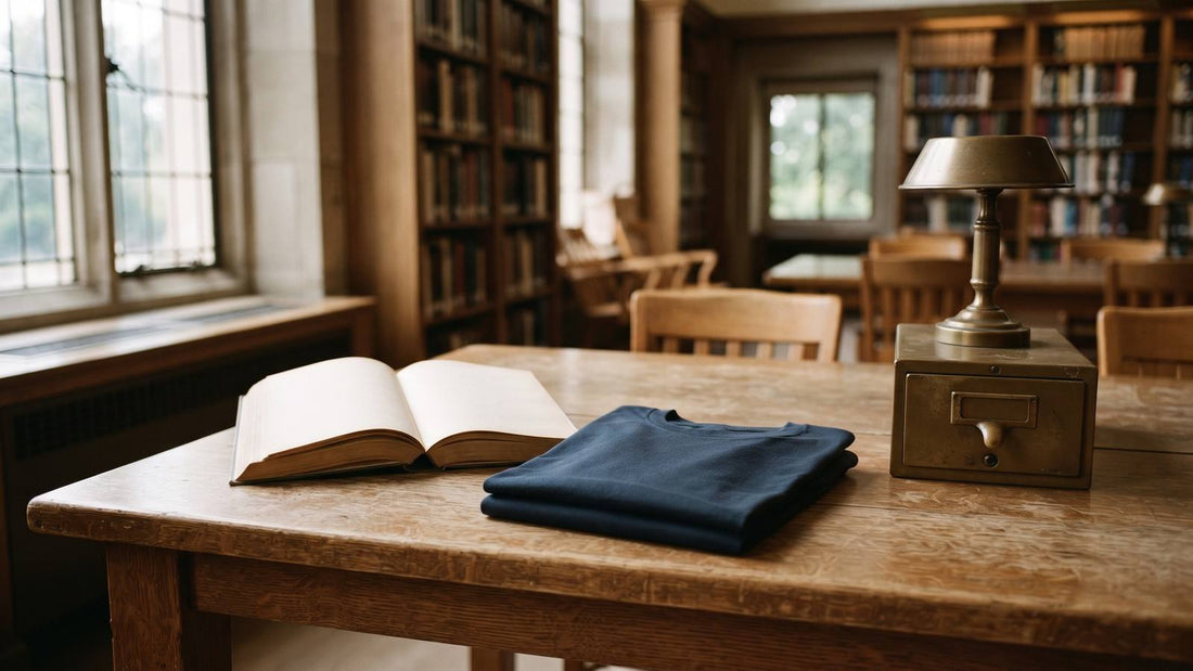 Open book and folded navy shirt on a wooden library reading table under a brass lamp