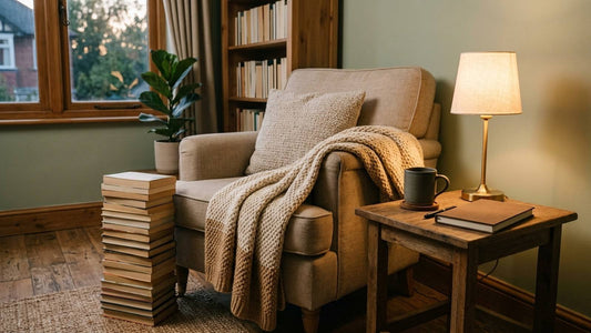 A quiet reading chair with a stack of books, a knitted blanket, a lamp, and a plain mug