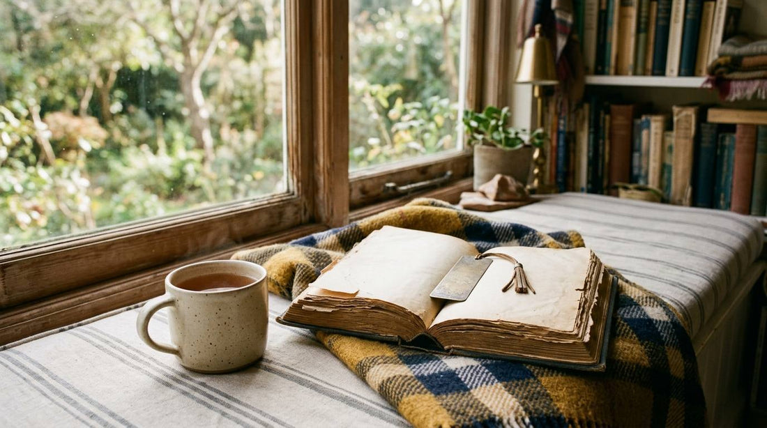An open worn book, bookmark, tea mug, and blanket on a sunny window seat