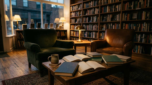 Quiet bookstore reading corner with chairs, open blank-covered books, lamps, and a mug