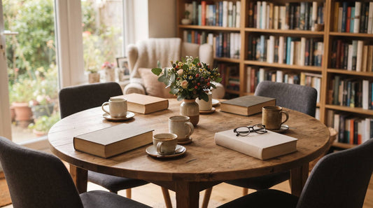 Round wooden table prepared for a book club with blank-spined books, coffee mugs, flowers, and empty chairs