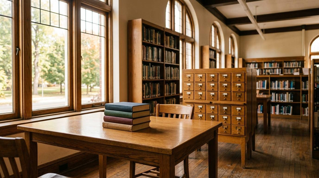 Sunlit neighborhood library with a wooden reading table, card catalog, and book shelves