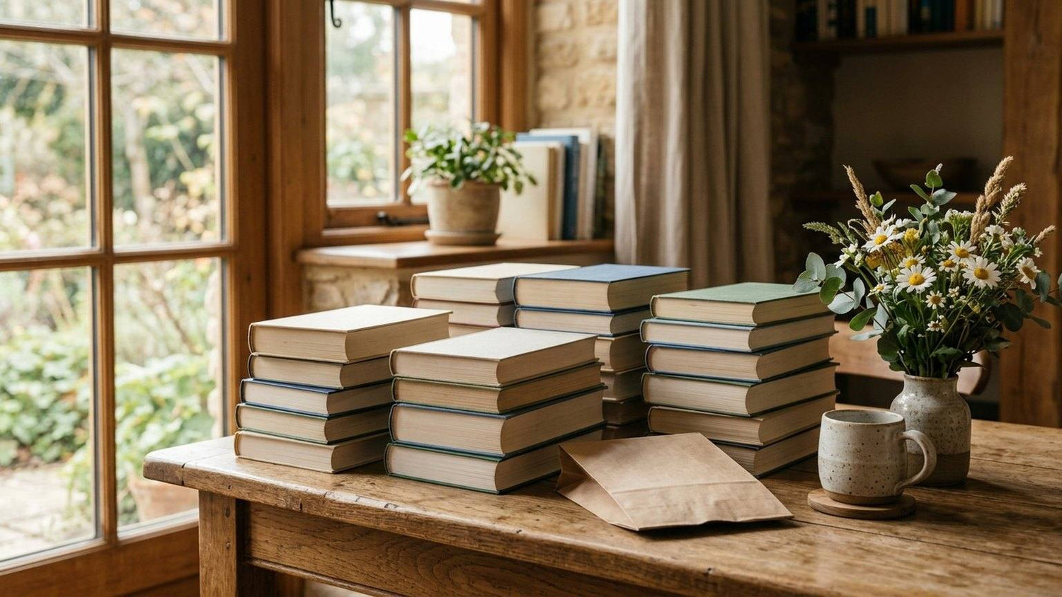 Stacks of books on a wooden table beside a plain paper bag, mug, and wildflowers in warm window light