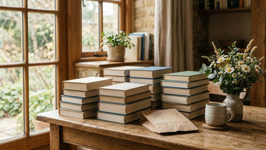 Stacks of books on a wooden table beside a plain paper bag, mug, and wildflowers in warm window light