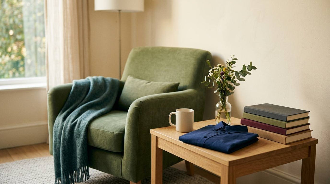 Green reading chair beside plain books, a folded shirt, flowers, and a mug in warm window light