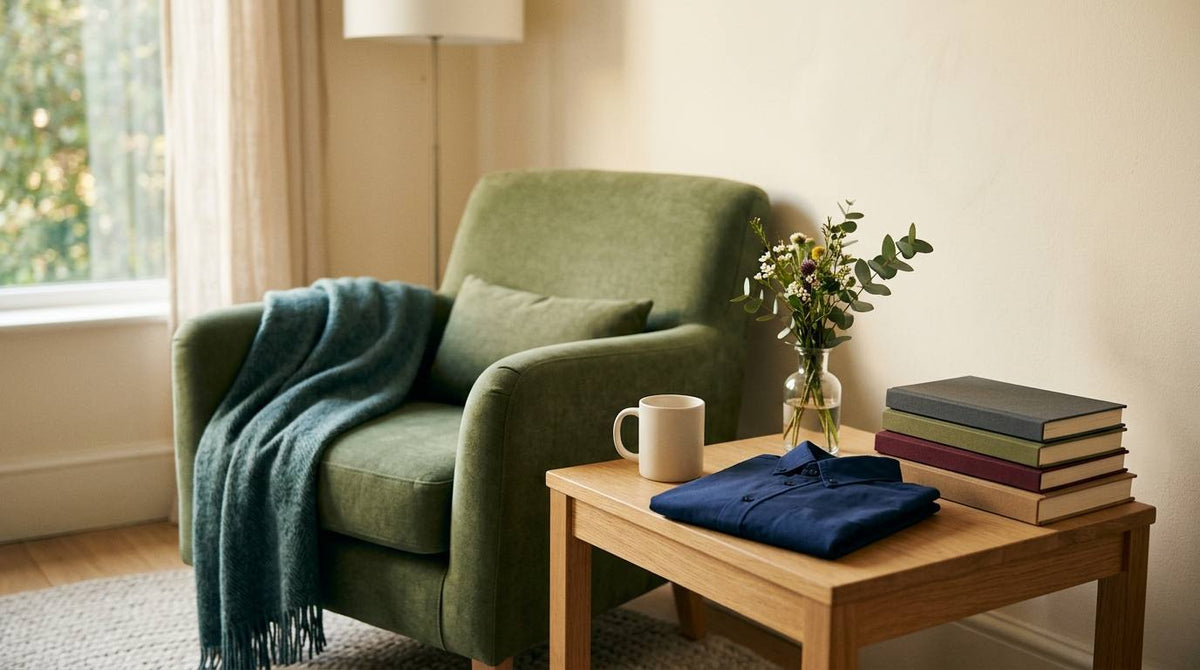 Green reading chair beside plain books, a folded shirt, flowers, and a mug in warm window light