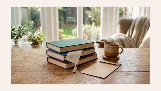 Stack of blank-covered books, a fabric bookmark, envelope, and ceramic mug on a sunlit wooden table
