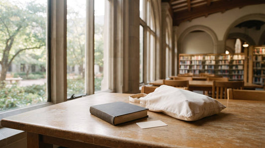 Sunlit library table with a closed book, blank library card, canvas tote, and shelves in the background