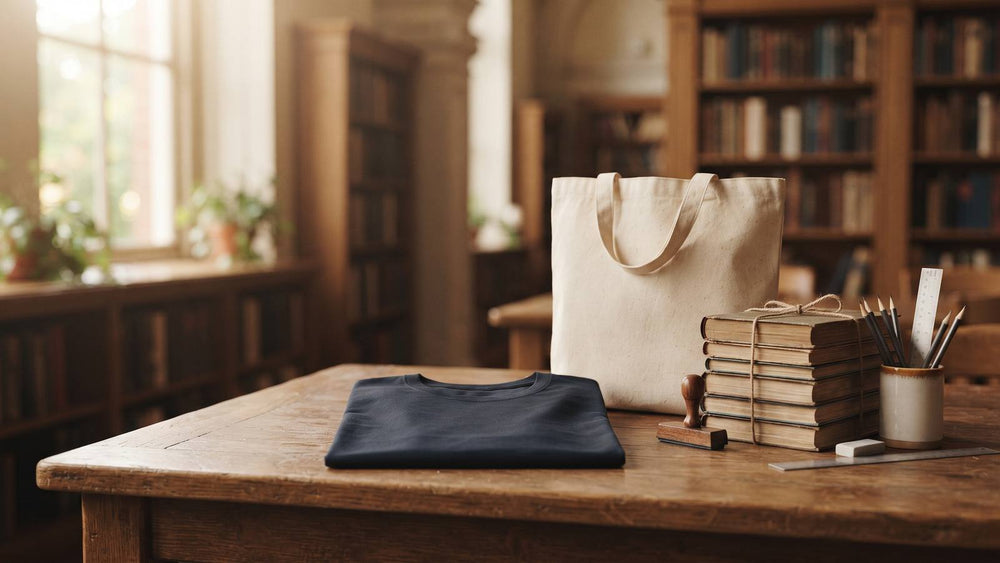 Empty library worktable with a folded navy shirt, canvas tote, books, pencils, and warm window light