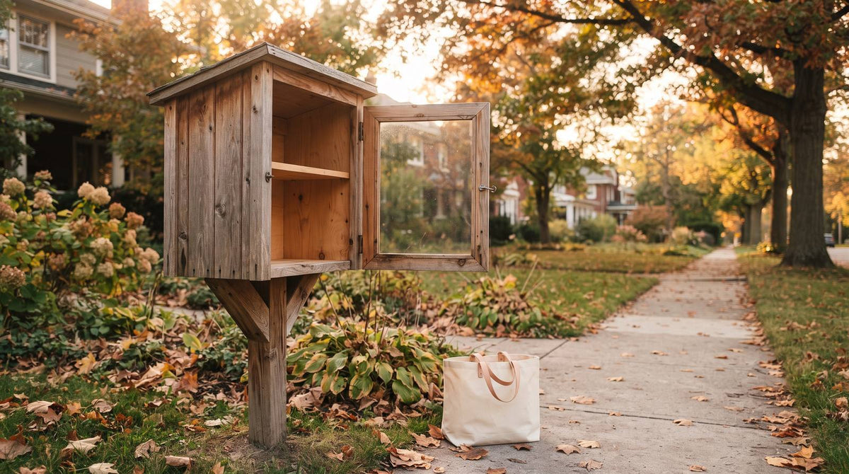 Open empty wooden neighborhood book exchange box on a leafy residential sidewalk with a canvas tote