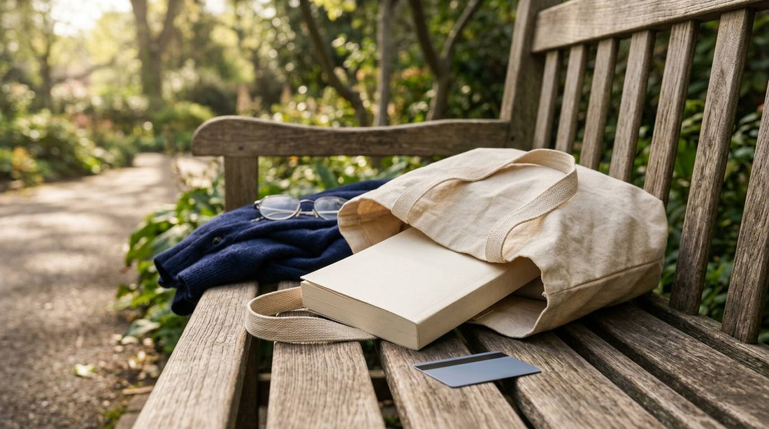 Plain paperback in an open canvas tote on a wooden garden bench with reading glasses and a folded cardigan