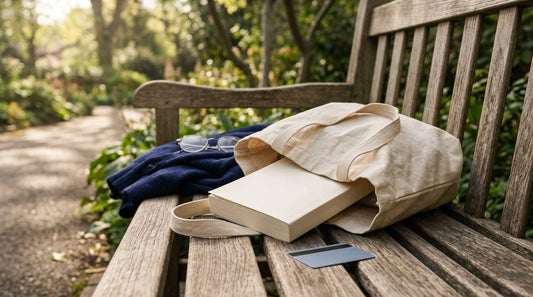 Plain paperback in an open canvas tote on a wooden garden bench with reading glasses and a folded cardigan