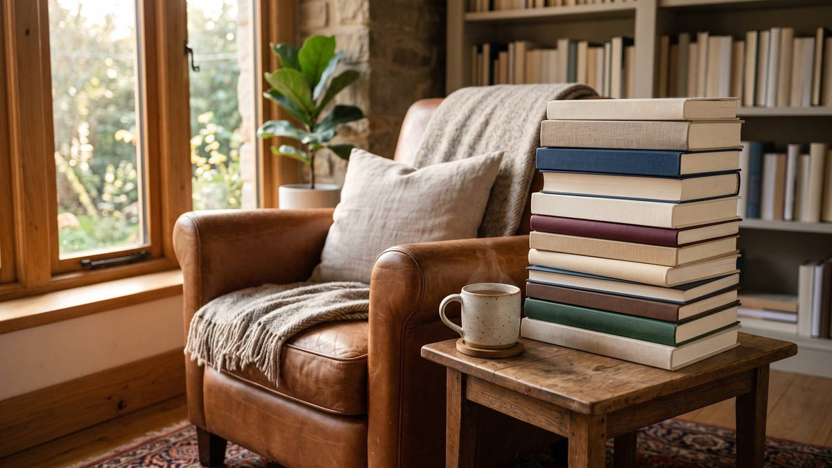 Warm reading chair, stack of blank books, and ceramic mug by a window