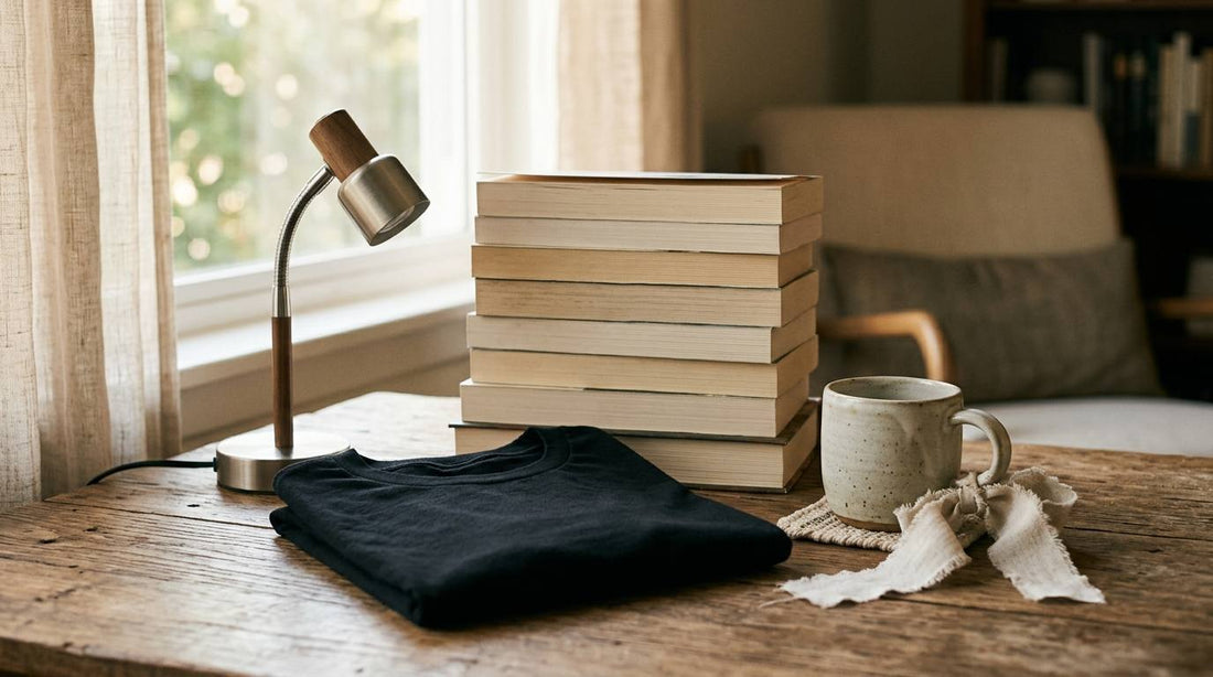Stack of page-edge books, a plain folded black tee, an unmarked mug, ribbon, and a reading lamp on a wooden table