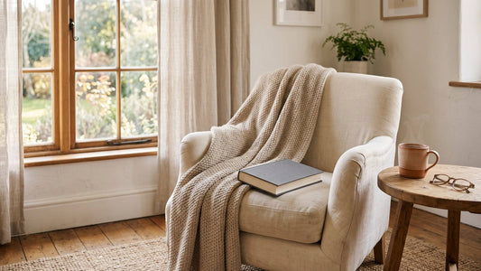 Sunlit reading chair with a closed book, knit throw, mug, and glasses