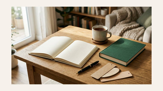 Open lined reading journal, blank green book, fountain pen, tea, and bookmarks on a sunlit wooden table