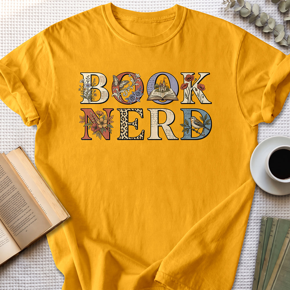 Book Nerd Floral Tee — Gold