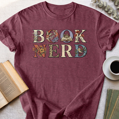 Book Nerd Floral Tee — Heather Maroon