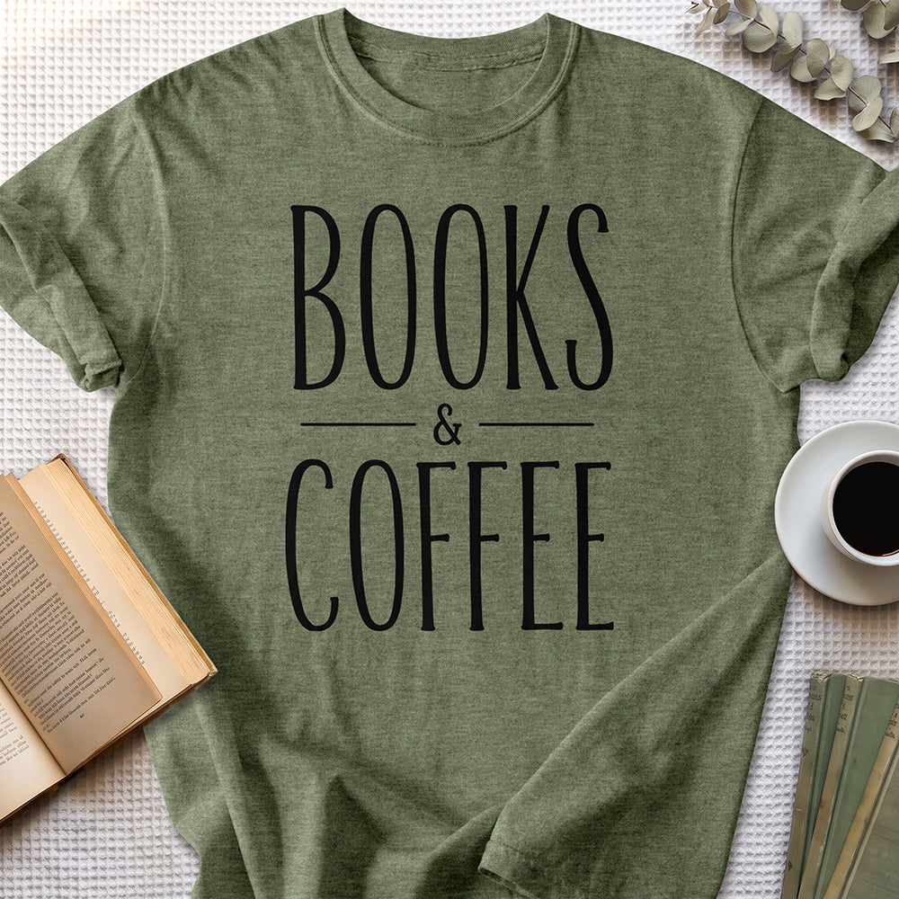 Books & Coffee Tee — Heather Military Green