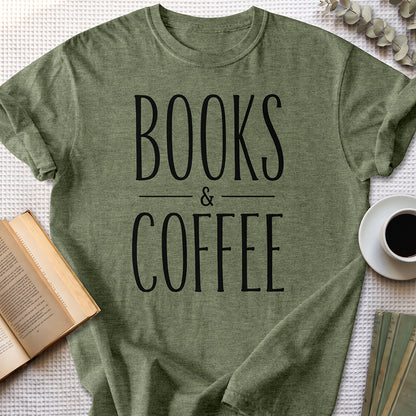 Books & Coffee Tee — Heather Military Green