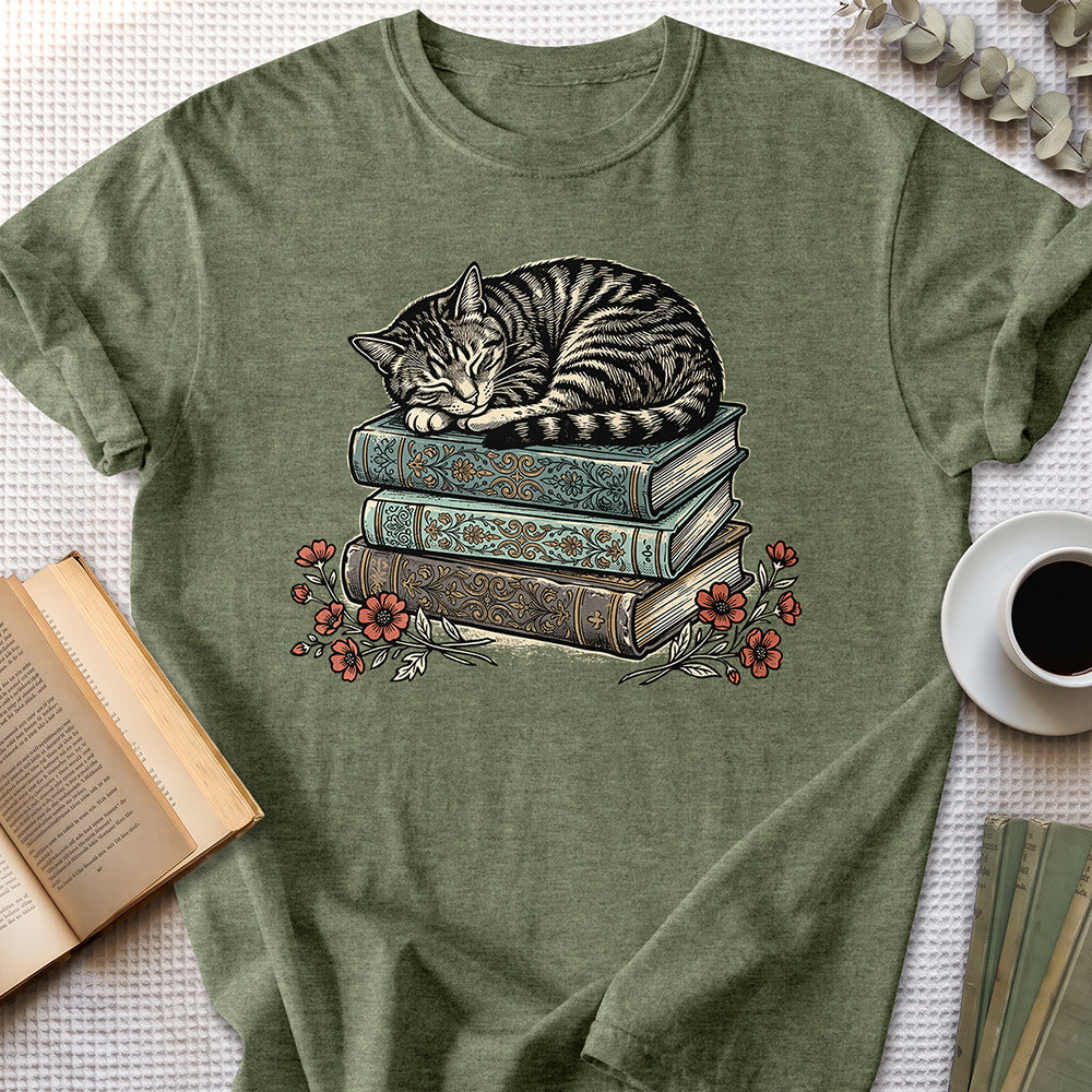 Sleeping Cat Tee — Heather Military Green
