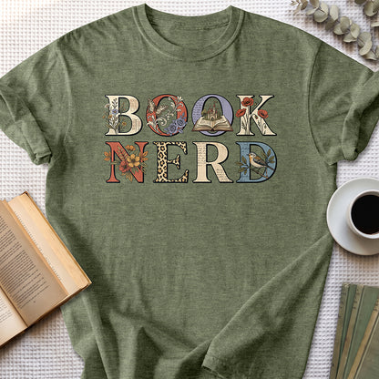 Book Nerd Floral Tee — Heather Military Green