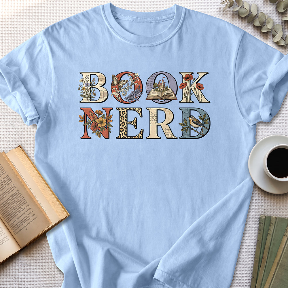Book Nerd Floral Tee — Light Blue